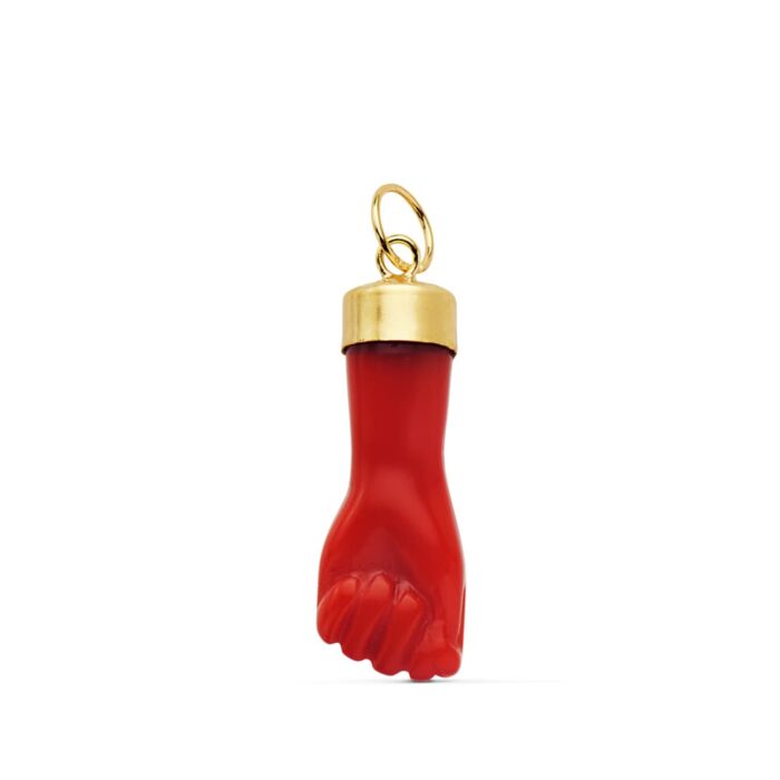 18K COLGANTE ORO AMARILLO HIGA MANO ROJA 19X8 MM