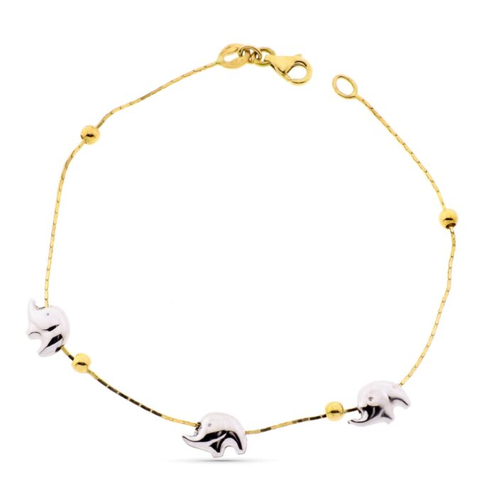 18K PULSERA ORO BICOLOR ELEFANTESY BOLAS LISAS 19CM