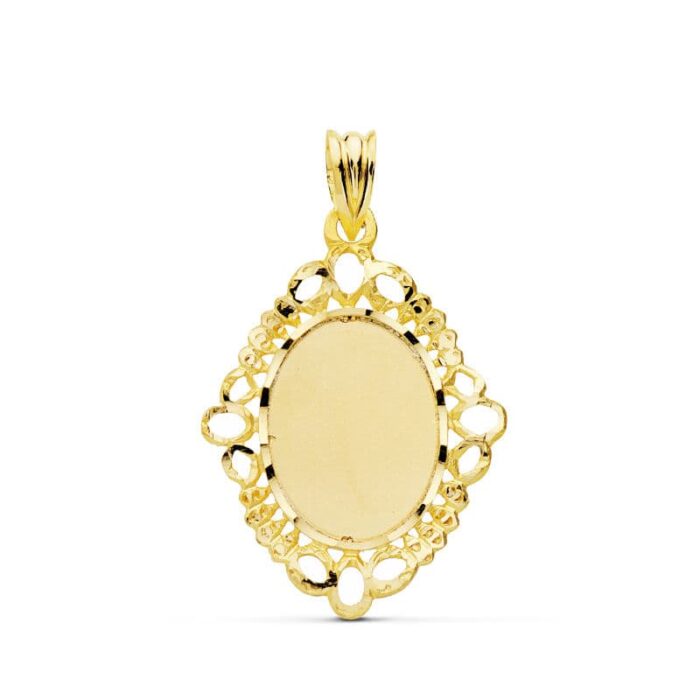 18K COLGANTE PLACA CHAPA ORO AMARILLO CERCO CALADO OVAL 31X22 MM