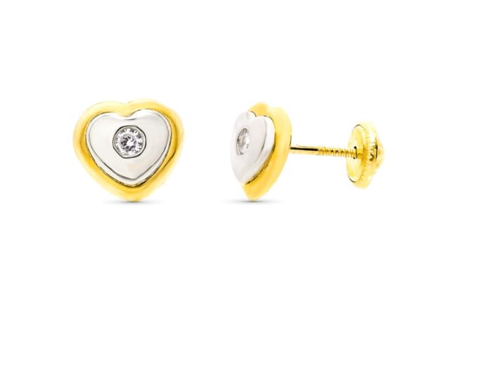 18K PENDIENTES ORO BICOLOR CORAZON 8X7 MM CIERRE TUERCA