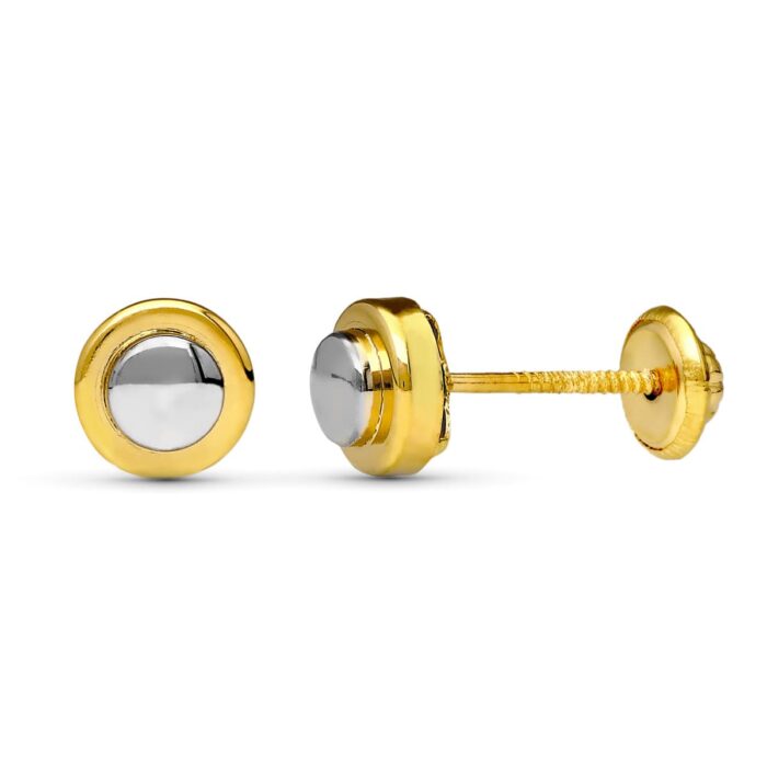18K PENDIENTES ORO BICOLOR REDONDOS 6 MM CIERRE TUERCA