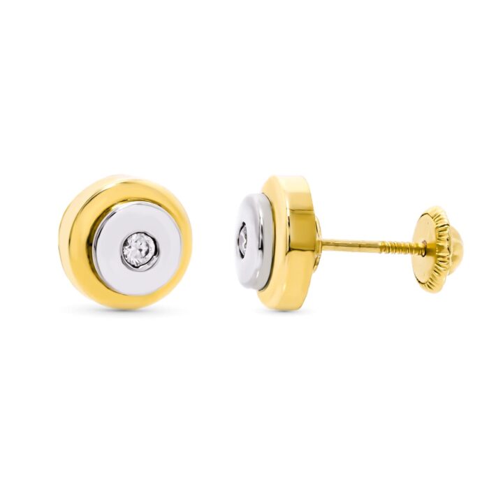 18K PENDIENTES ORO BICOLOR REDONDOS CIRCONITA 8 MM CIERRE TUERCA
