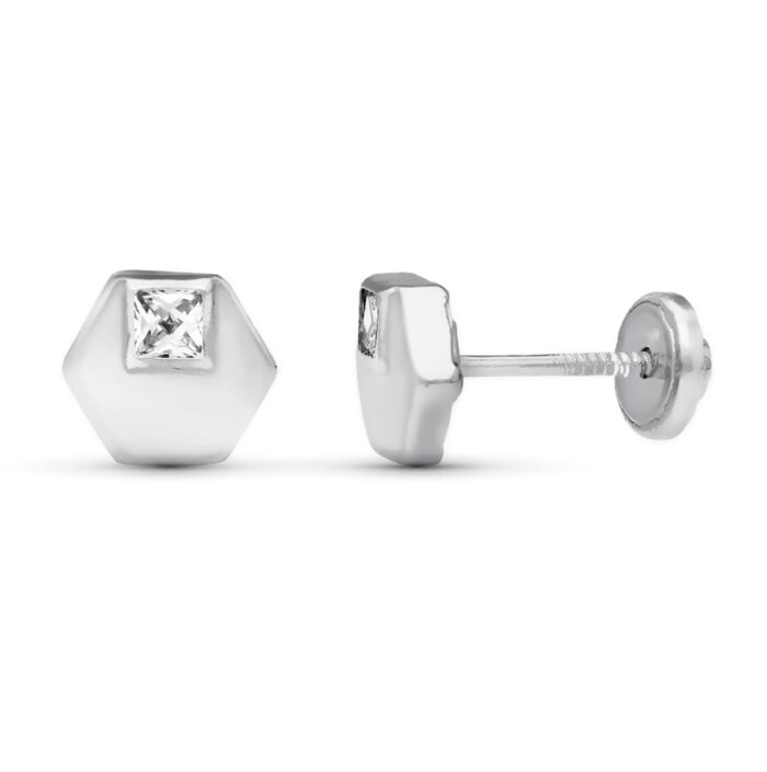 18K PENDIENTES ORO BLANCO HEXAGONO 6 MM ORO BLANCO CIERRE TUERCA
