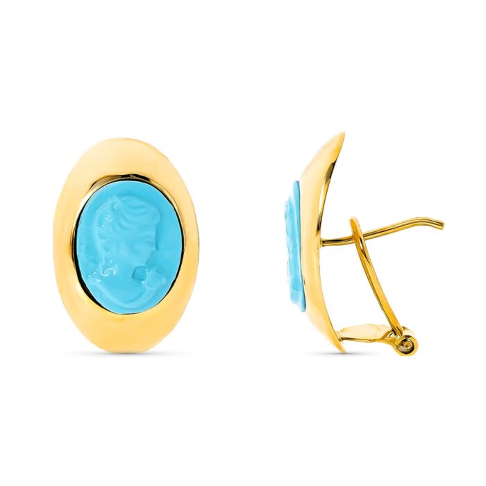 18K PENDIENTES CAMAFEO TURQUESA ORO AMARILLO 20X13 MM CIERRE OMEGA