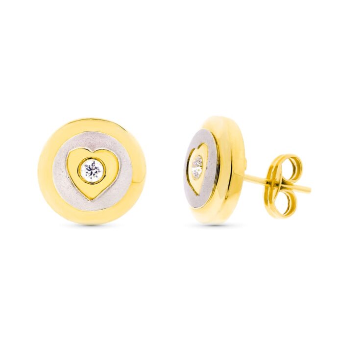18K PENDIENTES ORO BICOLOR MATE Y BRILLO REDONDOS 11 MM CIERRE A PRESIÓN