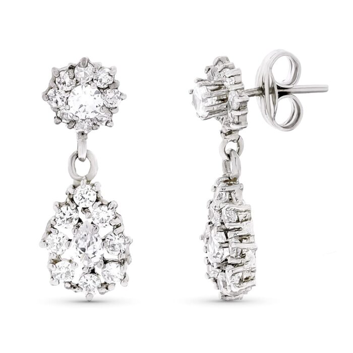 18K PENDIENTES ORO BLANCO LARGOS CIRCONITA 21X8 MM CIERRE A PRESIÓN