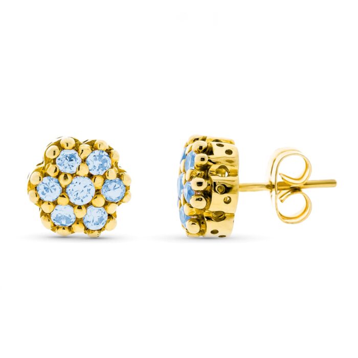 18K PENDIENTES ORO AMARILLO CIRCONITA AGUAMARINA 9 MM CIERRE A PRESIÓN