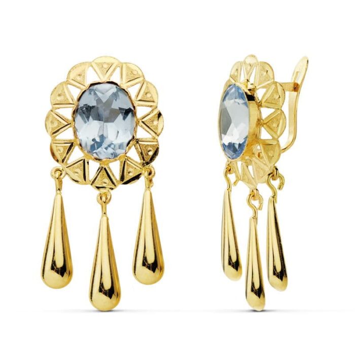 18K PENDIENTES ORO AMARILLO CUBANAS PIEDRA OVAL 10X8 MM LAGRIMAS CIERRE CATALÁN