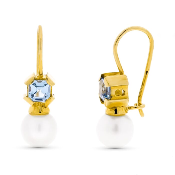 18K PENDIENTES ORO AMARILLO PERLA CULTIVADA 7 MM AGUAMARINA CIERRE GANCHO