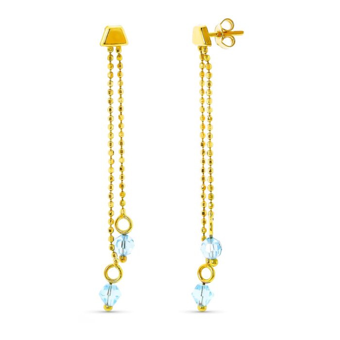 Pendientes de oro amarillo 18K con dos cadenas colgantes y piedras de aguamarina azul claro con cierre de presión