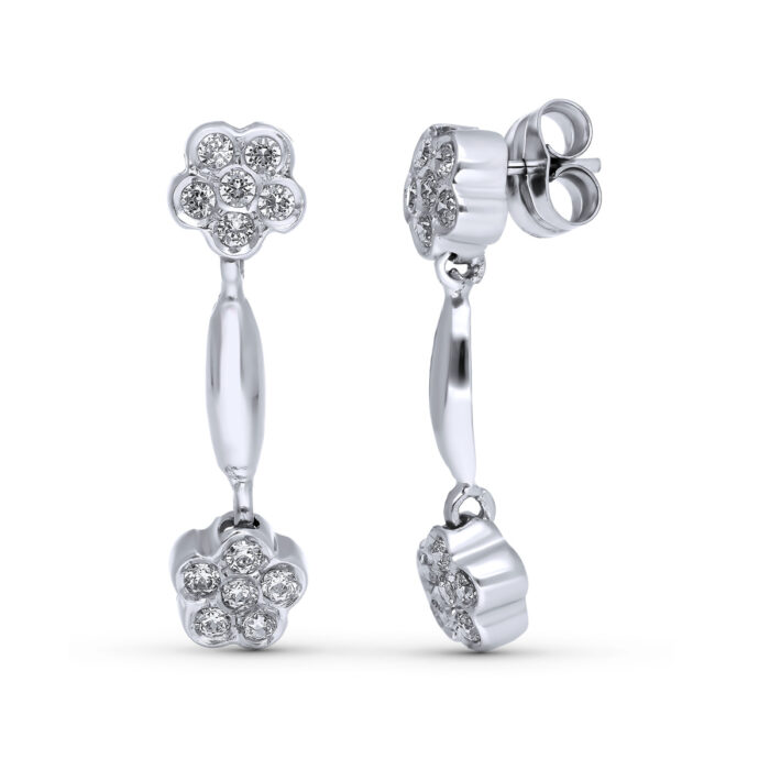 18K PENDIENTES ORO BLANCO LARGOS FLORES 26X7 MM PRESIÓN