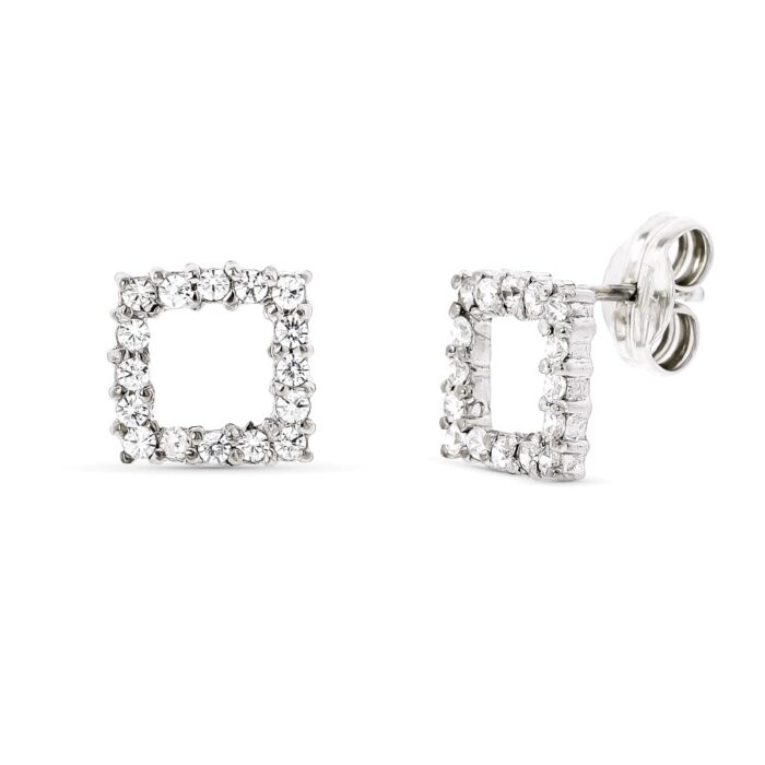 18K PENDIENTES ORO BLANCO Y CIRCONITA 9X9 MM CIERRE PRESION