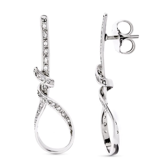 18K PENDIENTES ORO BLANCO LARGOS NUDO CIRCONITA 41X12 MM PRESIÓN