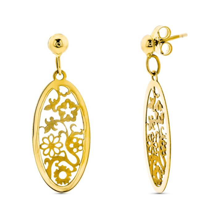 18K PENDIENTES ORO AMARILLO LARGO OVAL CALADO 36X13 MM CIERRE PRESION