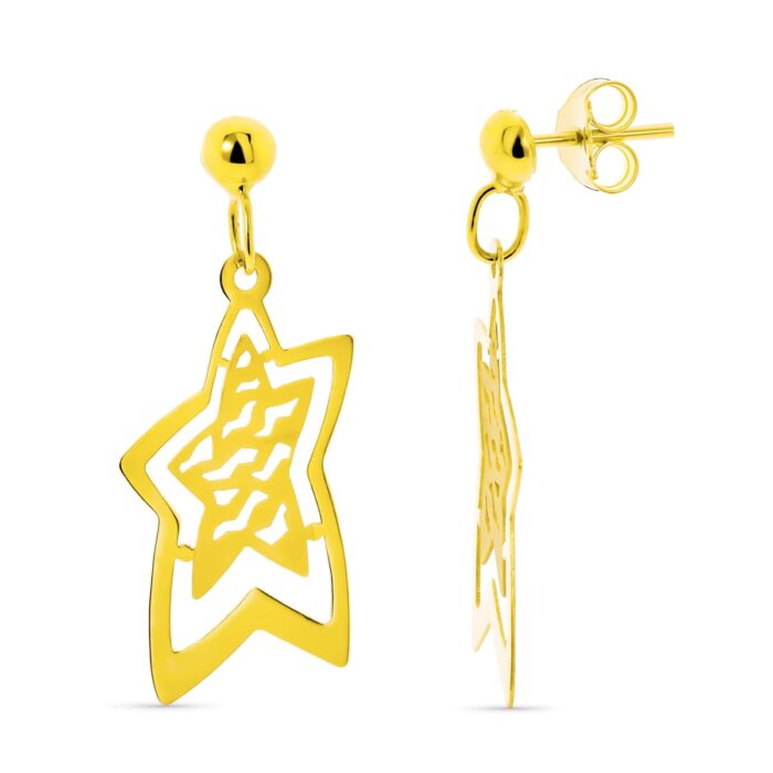 18K PENDIENTES ORO AMARILLO LARGOS ESTRELLA CALADOS MATE Y BRILLO CIERRE PRESION