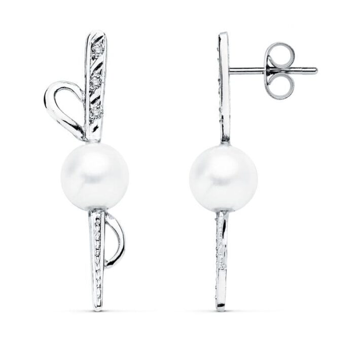 18K PENDIENTES ORO BLANCO PERLA 30X9 MM CIERRE PRESION
