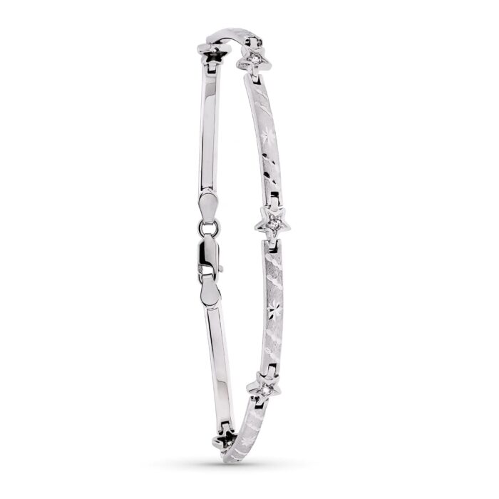 18K PULSERA ORO BLANCO MATE Y BRILLO BARRAS Y ESTRELLAS 19CM