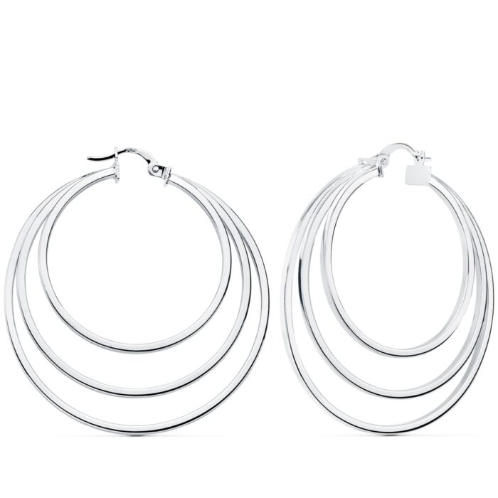 18K PENDIENTES AROS TRIPLES ORO BLANCO HUECOS REDONDOS 43 MM