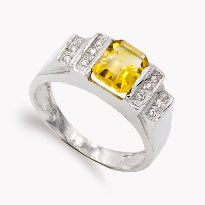 18K SORTIJA ORO BLANCO PIEDRA COLOR Y CIRCONITAS. ANCHO: 8 MM