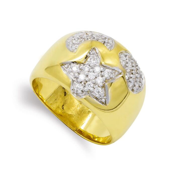 18K SORTIJA ORO AMARILLO CORAZON, LUNA Y ESTRELLA CON CIRCONITAS. ANCHO: 13,5 MM