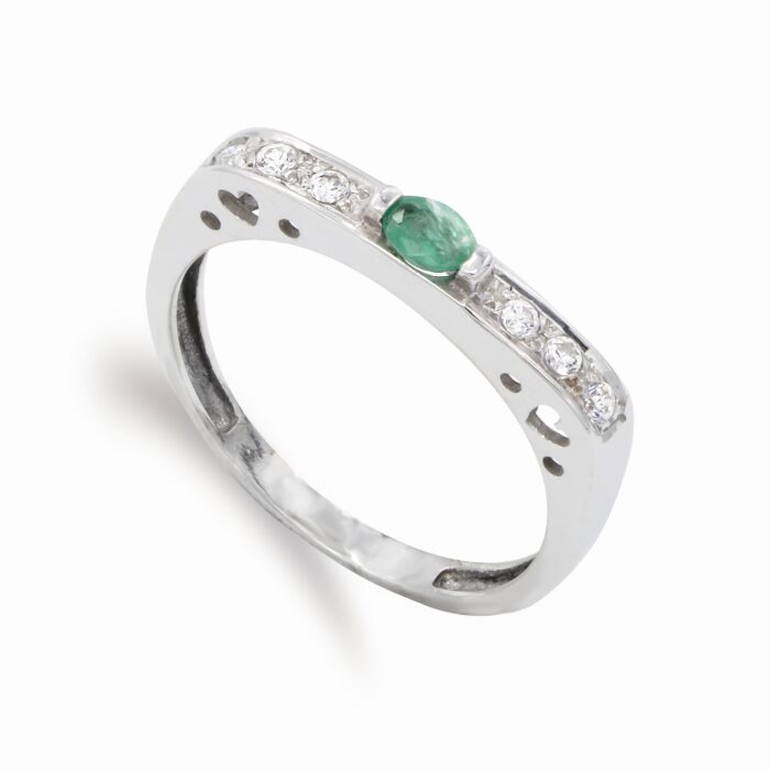18K SORTIJA ORO BLANCO ESMERALDA 4,5 X 3 MM Y CIRCONITA. ANCHO: 3 MM