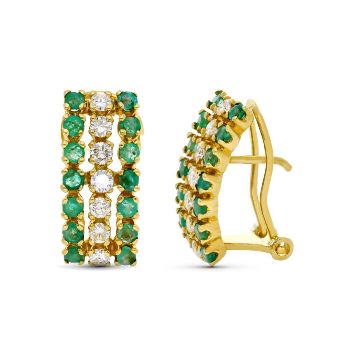 18K PENDIENTES ORO AMARILLO BRILLANTES Y ESMERALDAS. 17X7 MM CIERRE OMEGA