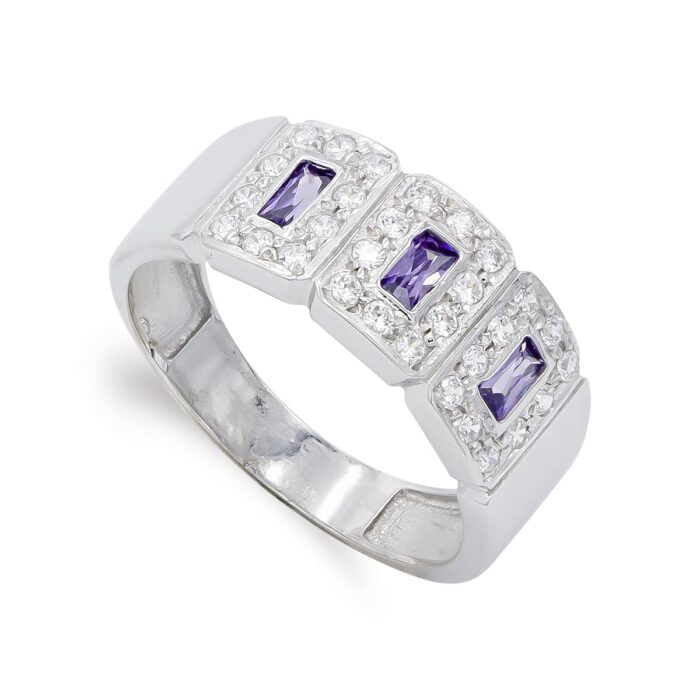 18K SORTIJA ORO BLANCO CON CIRCONITA COLOR AMATISTA Y BLANCAS. ANCHO: 8,5 MM