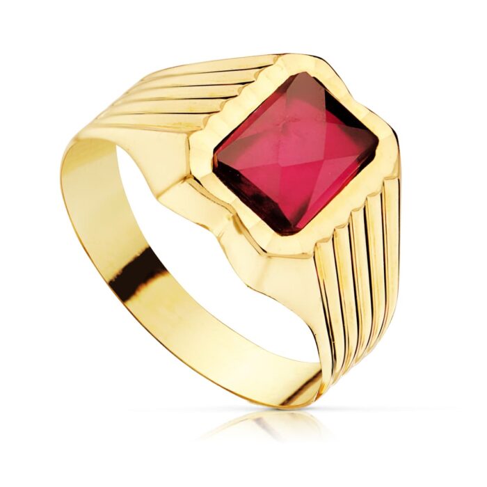 18K SELLO ORO AMARILLO HUECO CADETE PIEDRA RUBI SPINEL DE 8X6 MM