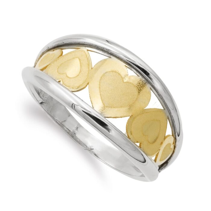 18K SORTIJA ORO BICOLOR CORAZONES MATE Y BRILLO 9 MM CUERPO 2 MM