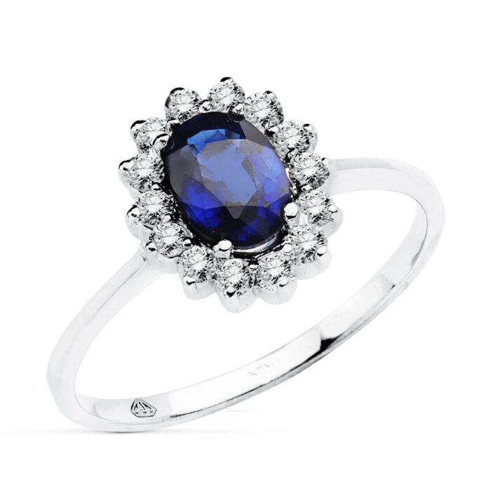 18K SORTIJA ORO BLANCO ZAFIRO DIFUSION 7X5 MM 0,98 QTS. DIAMANTES 0,290 QTS. SI-H 11,5X9,5 MM