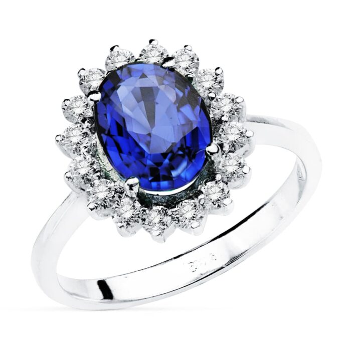 18K SORTIJA ORO BLANCO ZAFIRO 9X7 MM 2,47 QT. DIAMANTES 0,56 QT. SI-H 14X12,5 MM
