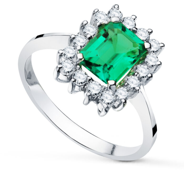 18K SORTIJA ORO BLANCO ESMERALDA 8X6 MM 1,50QT DIAMANTES TALLA BRILLANTE 0,56QT 13X11 MM