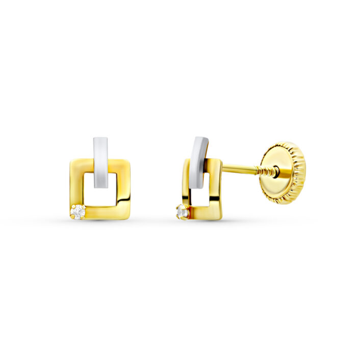 18K PENDIENTES ORO BICOLOR CUADRADOS 6X5 MM