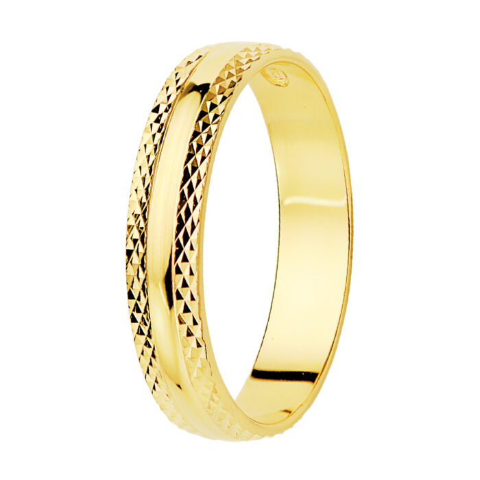 ALIANZA ORO AMARILLO 18K BRILLO Y BORDES TALLADOS ANCHO 4 MM