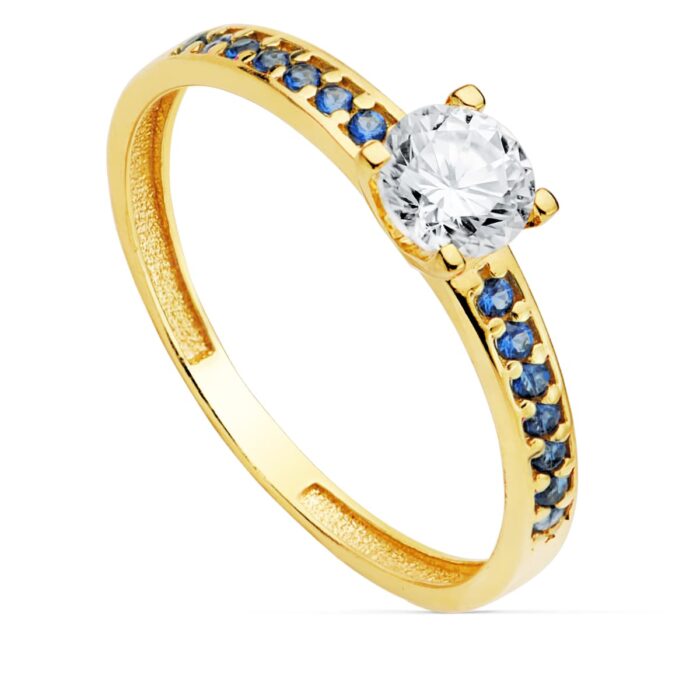 18K SOLITARIO ORO AMARILLO GARRAS CIRCONITA 5 MM Y CIRCONITAS AZULES