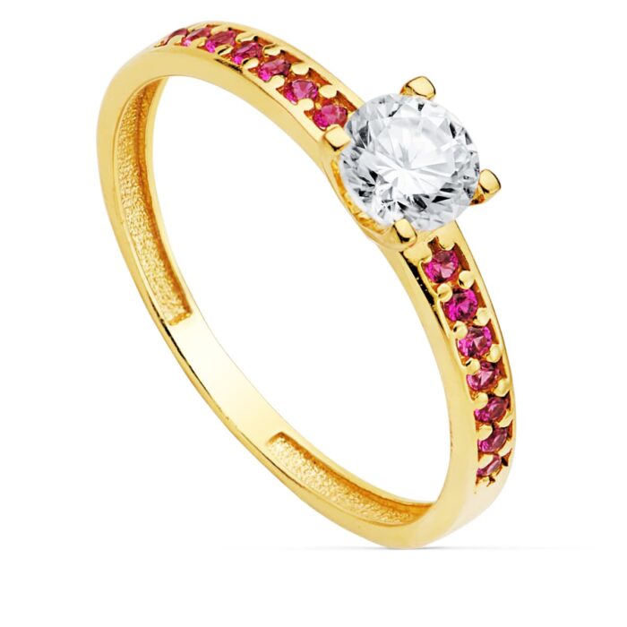 18K SOLITARIO ORO AMARILLO GARRAS CIRCONITA 5 MM Y CIRCONITAS ROJAS
