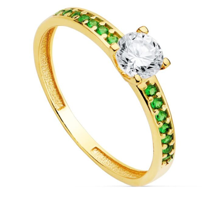 18K SOLITARIO ORO AMARILLO GARRAS CIRCONITA 5 MM Y CIRCONITAS VERDES