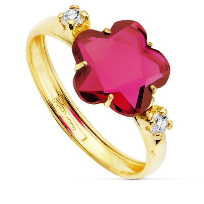 18K SORTIJA PIEDRA ROJA FLOR 10X10 MM