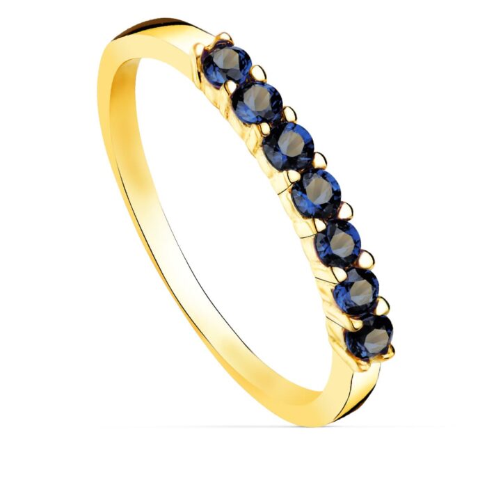 18K SORTIJA ORO AMARILLO 7 CIRCONITAS AZULES GARRAS ANCHO CUERPO 2 MM