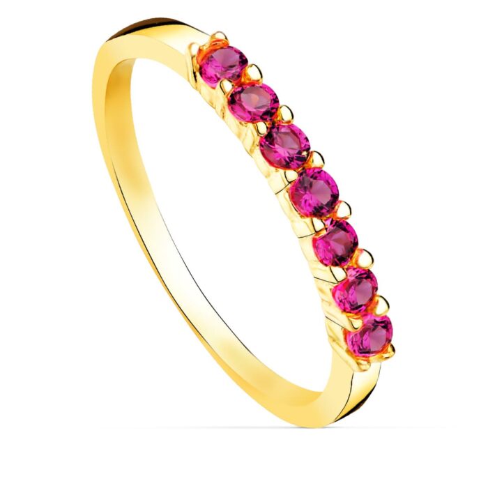 18K SORTIJA ORO AMARILLO 7 CIRCONITAS ROJAS GARRAS ANCHO CUERPO 2 MM