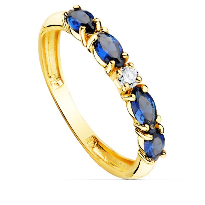 18K SORTIJA ORO AMARILLO 4 CIRCONITAS AZULES TALLA MARQUISE ANCHO 2.5 MM