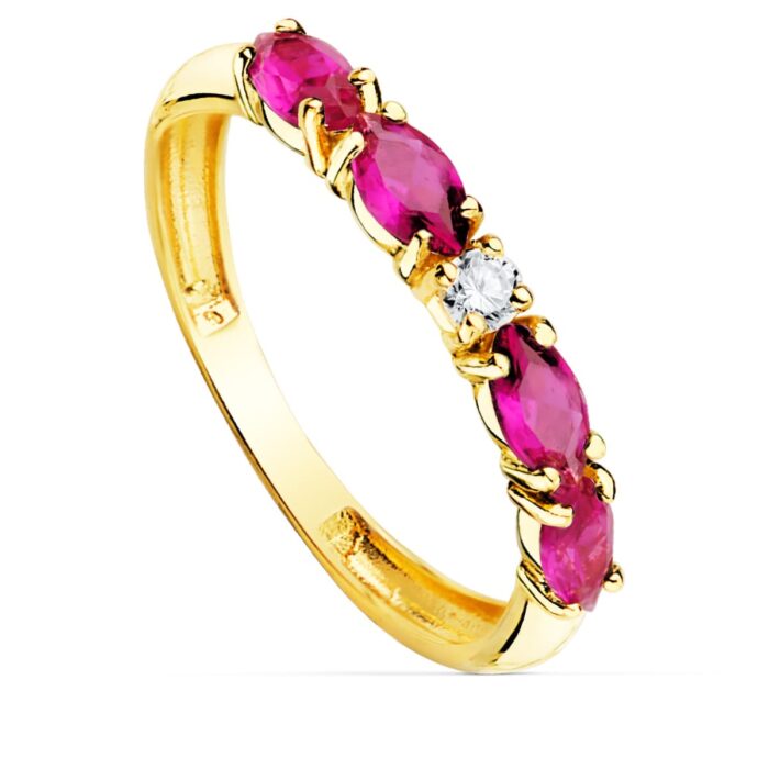 18K SORTIJA ORO AMARILLO 4 CIRCONITAS ROJAS TALLA MARQUISE ANCHO 2.5 MM