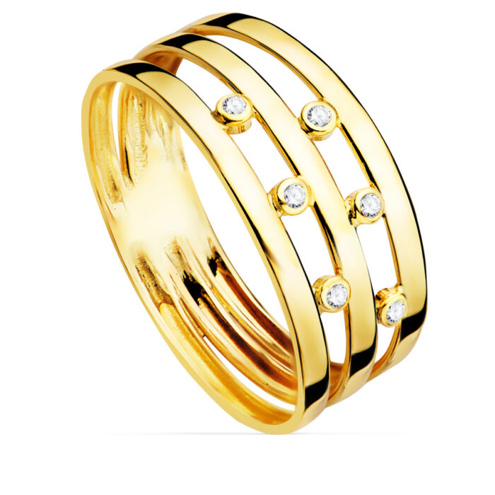 18K SORTIJA ORO AMARILLO BANDAS CON CIRCONITAS. ANCHO CUERPO 8 MM