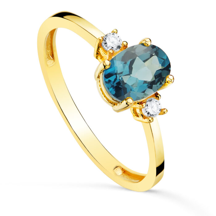 18K SORTIJA ORO AMARILLO PIEDRA AZUL BLUE LONDON 7 X 5MM Y CIRCONITAS LATERALES