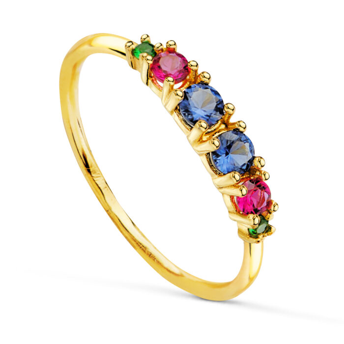 18K SORTIJA ORO AMARILLO 6 CIRCONITAS COLORES EN GARRAS. ANCHO CUERPO: 1,5MM