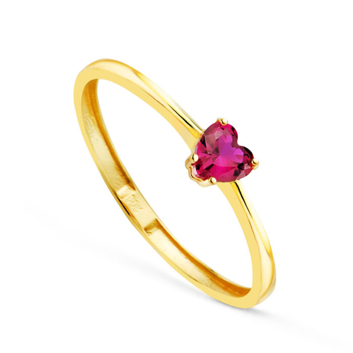 18K SORTIJA ORO AMARILLO CORINDON RECONSTRUIDO CORAZON RUBI 4X4 MM CON 4 GARRAS