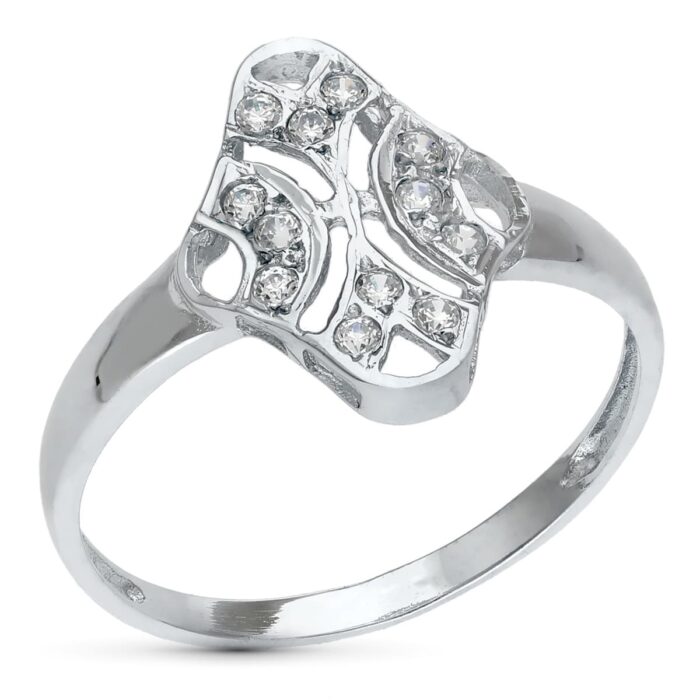 18K SORTIJA ORO BLANCO MOTIVO CALADO ROMBO 15X10 MM CON CIRCONITAS. ANCHO: 15 MM