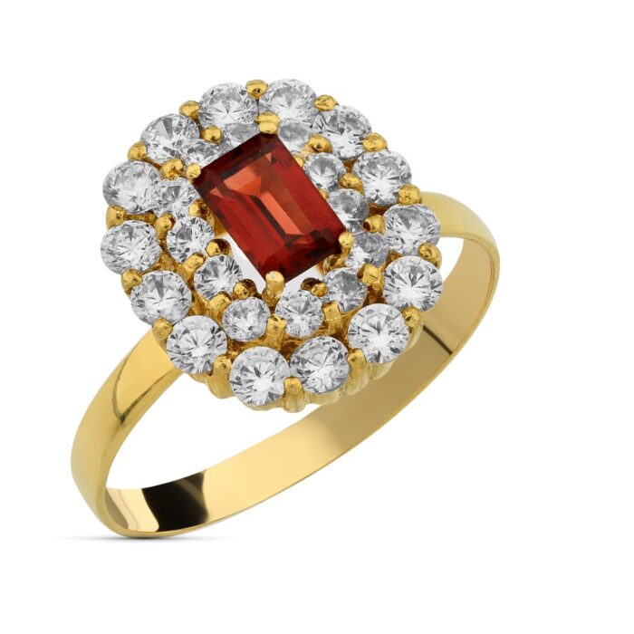18 K SORTIJA ORO AMARILLO CIRCONITAS Y GRANATE 6X4 MM
