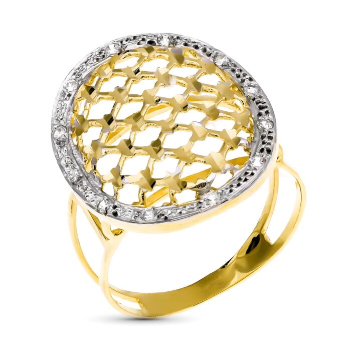 18K SORTIJA ORO BICOLOR OVAL TALLADA CON BORDE DE CIRCONITAS 25X20 MM