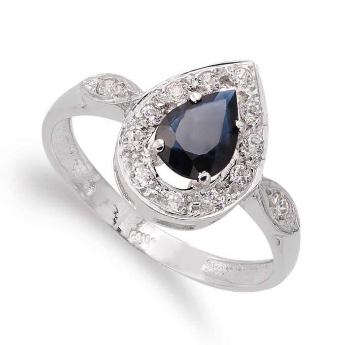 18K SORTIJA ORO BLANCO PIEDRA FINA TALLA GOTA 7X5 MM Y CIRCONITAS. ANCHO: 13 MM
